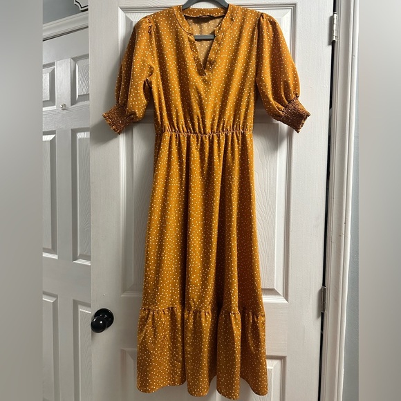 Polka Dot Ruffle Neck Dress (Mustard Yellow) Size Small - Picture 2 of 8
